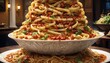 A colossal serving of pasta Bolognese artistically piled in an elegant bowl, exuding warmth and the aroma of Italian cuisine.