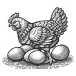 hen chicken with eggs amongst floral embellishments sketch engraving generative ai fictional character vector illustration. Scratch board imitation. Black and white image.