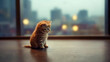 A cute curious kitten with city background.