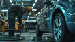 A skilled mechanic performing diagnostic tests and repairs on a vehicle in a busy automotive garage.