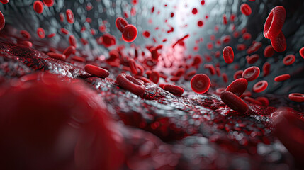 Wall Mural - Red blood cells in vein with depth of field, A blood vessel with blood cells flowing in one direction