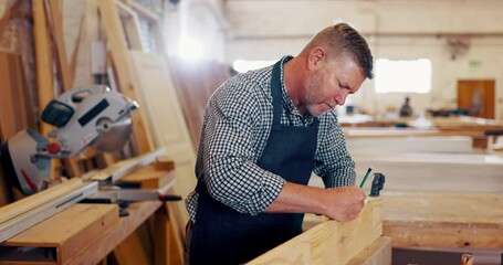 Canvas Print - Man, carpenter and wood with drawing at workshop for furniture and design. Mature person, handyman and carpentry for repair on startup business as manager or supervisor with woodwork at warehouse