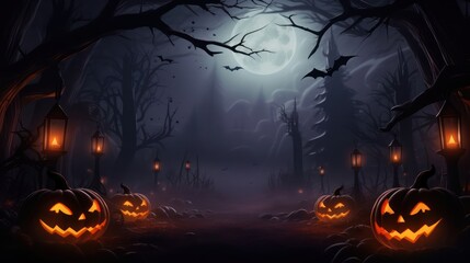Wall Mural - Pumpkins and bats on a dark background. Halloween holiday concept.