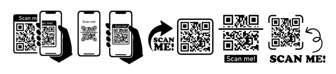 QR code set. Scan qr code icon. Template scan me Qr code for smartphone. payment hand with phone, scanner app, thin line symbol on transparent  background