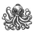 Octopus in diving helmet mechanical and the organic, steampunk diving helmet sketch engraving generative ai vector illustration. Scratch board imitation. Black and white image.