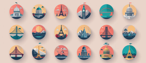 A flat design icon set for a travel app featuring landmarks from around the world