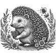 hedgehog surrounded by lush foliage and flowers, showcasing the animal in a charming natural habitat sketch engraving generative ai vector illustration. Scratch board imitation. Black and white image.