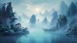 An ethereal landscape featuring rugged mountains enveloped in mist with a serene lake reflecting the moonlight adds a dreamlike quality