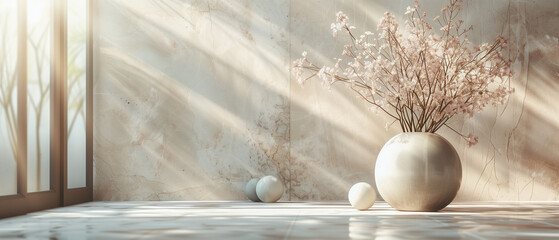 minimalist interior background with vase and sunlight from large window exuding elegance and sophistication.