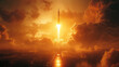 rocket launch from cosmodrome in steppe in summer at sunset