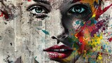Fototapeta  - A woman's expressive face in graffiti, emerging from a patchwork of grunge newspapers and bursts of multicolored splashes