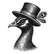 elegant peacock wearing vintage hat portrait sketch