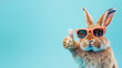 A stylish orange rabbit sporting pink sunglasses for a high-spirited and fashionable statement on a blue backdrop