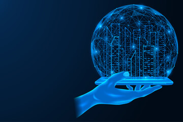 Hand holds a device that projects images of the city. A hologram of skyscrapers under the dome of network connections.