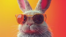 Close-up Of A Rabbit Wearing Sunglasses On A Red Background