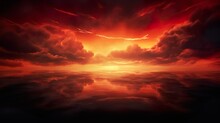 The Sun Setting In A Fiery Red Sky Filled With Swirling Clouds, Mirrored In The Water's Surface For A Captivating Scene