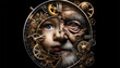 A fusion of human life and the merciless passage of time, where the faces of a child and an old man organically merge with the intricate hands and mechanisms of an ancient clock. The innocent look of 