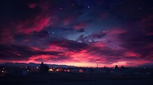 This Digital Painting Captures The Allure Of A Rosy Night Sky Above A Peaceful Suburban Landscape, Evoking Wonder