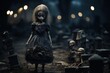 Gothic allure: a creepy doll with black makeup against a cemetery backdrop.
