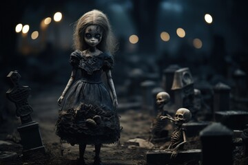 Wall Mural - Gothic allure: a creepy doll with black makeup against a cemetery backdrop.