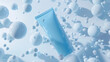 A 3D advertisement banner for a summer fresh sunscreen. A blue plastic tube appears to be floating amidst white molecules against a backdrop of white walls.