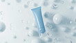 A 3D advertisement banner for a summer fresh sunscreen. A blue plastic tube appears to be floating amidst white molecules against a backdrop of white walls.