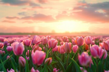 Wall Mural - Sunrise over tulip field