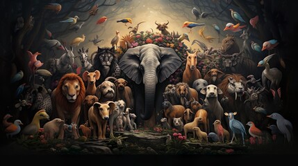 a beautifully composed image of varied animal species peacefully gathered in a mystical forest clear