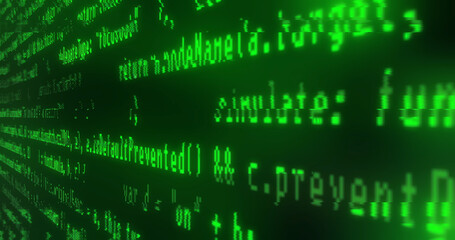Close-up of green lines of program code that printed on plane. Glitch and zoom in. Concept of writing a script, cyberspace, computer security.