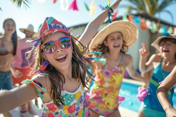 Poster - Group of happy children on summer vacation. Background with selective focus and copy space