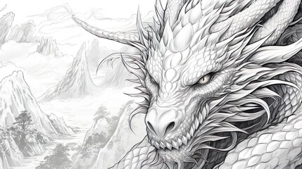 Impeccably sketched dragon portrait capturing intricate details, placed against a serene mountainous landscape