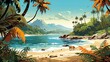 A retro-styled digital art piece featuring a tiger walking on a beach with palm trees and a mountainous backdrop
