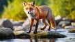 A wild red fox carefully treading on smooth river stones surrounded by greenery, depicting wilderness and adaptation