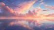A breathtaking view of a vivid sunset with dramatic clouds reflected over a calm sea, invoking a sense of peace