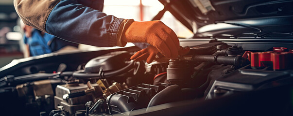 Car mechanic replace oil in vehicle.