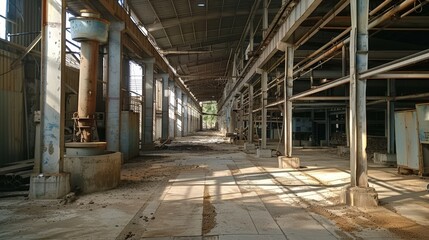  Deserted manufacturing plant with columns and scattered debris. Industrial photography. Urban exploration and abandonment theme.