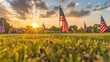 American flags on a sunny field during sunrise. Patriotic landscape. National holiday and remembrance concept