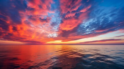 Wall Mural - Striking clouds part as the sun sets over the ocean, painting the scene with dramatic shades of red and blue