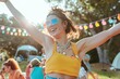 A girl dressed in an 80s outfit dances alone at a picnic. Generative AI