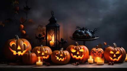 Wall Mural - Pumpkins and bats on a dark background. Halloween holiday concept.