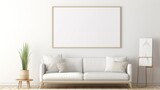 Fototapeta  - This stylish living room scene highlights a pristine white sofa accented by a blank frame, ready for artistic expression or branding