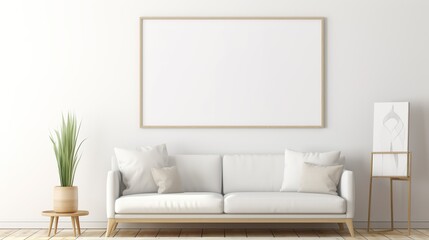 Wall Mural - This stylish living room scene highlights a pristine white sofa accented by a blank frame, ready for artistic expression or branding