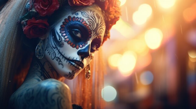 a captivating blend of beauty and horror at the mardi gras festival-a girl in sugar skull style make