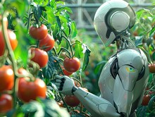 A Robot Farmer Takes Care Of The Tomato Crop. Generative AI
