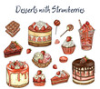 drawn illustration, Desserts with Strawberries isolated on a white background. Sweets cake with berries and fruits, chocolate. Ice cream, cake. delicious desserts with fruit fillings