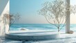 Minimal mockup background for product presentation. Podium and dry tree twigs branch with white sand beach on blue background. 3d rendering illustration. Clipping path of each element included.