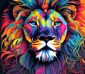  painting of a colorful lion head. Close up modern multi colored portrait 