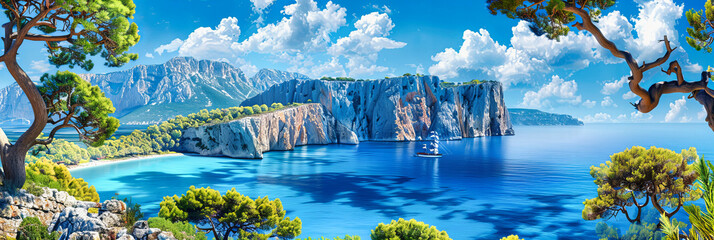 Wall Mural - Mediterranean Coastline with Rocky Cliffs and Turquoise Sea, Summer Travel Destination, Natural Coastal Beauty