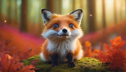 A bright-eyed fox looks up with curiosity in a magical autumn forest, surrounded by warm fall colors