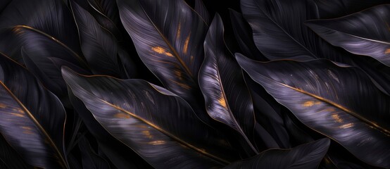 Wall Mural - abstract dark black and gold and purple background with flowing leaves, monochromatic, Textures of abstract black leaves for tropical leaf